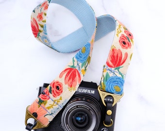 Custom Canvas Camera Strap | 1.5" / 1 " wide | Feminine Floral Camera Strap  | Rifle Paper Co. 'GARDEN PARTY' Canvas on Dolphin Blue Webbing