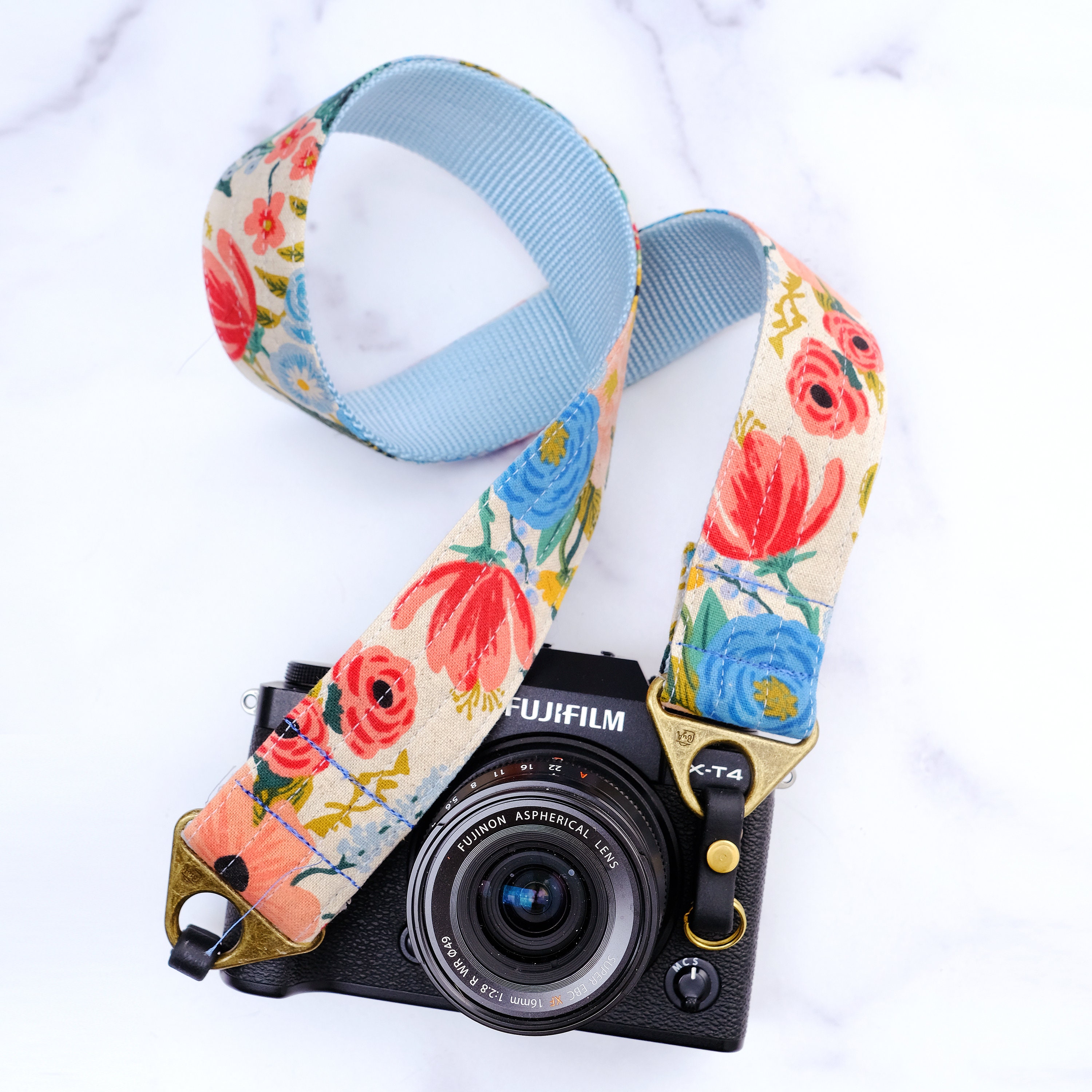 Custom Canvas Camera Strap | 1.5" / 1 " wide | Feminine Floral Camera Strap  | Rifle Paper Co. 'GARDEN PARTY' Canvas on Dolphin Blue Webbing