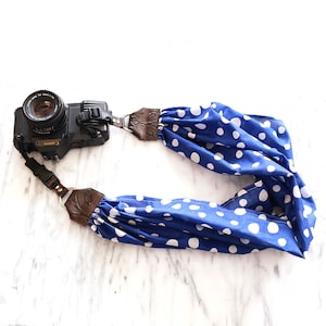 Blue Polka Dot Scarf Camera Strap with Quick Change Buckles -- The &#39;RAIN&#39; DSLR Camera Strap | 3 in 1 Camera Strap, hand strap and crossbody