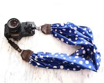 Blue Polka Dot Scarf Camera Strap with Quick Change Buckles -- The 'RAIN' DSLR Camera Strap | 3 in 1 Camera Strap, hand strap and crossbody