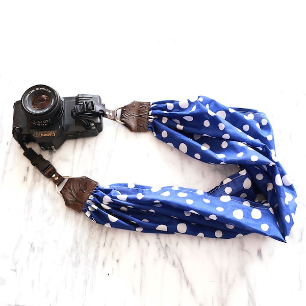 Blue Polka Dot Scarf Camera Strap with Quick Change Buckles -- The 'RAIN' DSLR Camera Strap | 3 in 1 Camera Strap, hand strap and crossbody