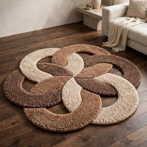 May include: A circular rug featuring a complex, interlocking pattern of thick, braided loops. The rug is composed of various shades of brown, tan, and cream, creating a textured, woven appearance that lies flat on a dark wooden floor surface.