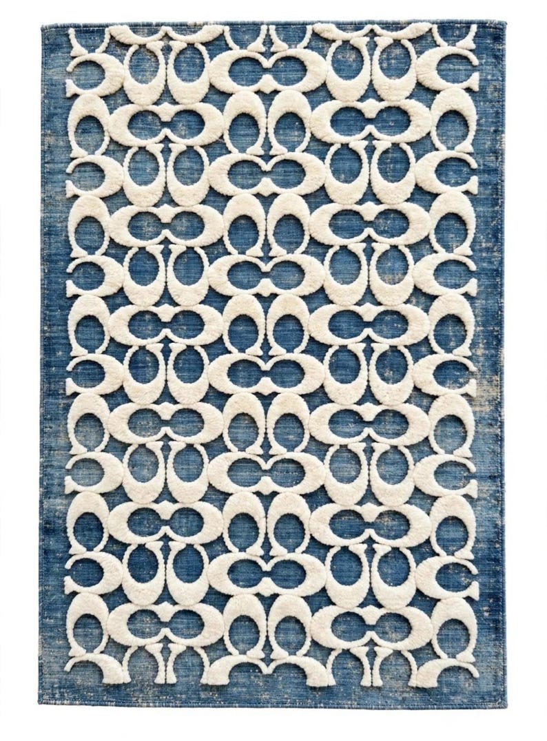 May include: A rectangular area rug featuring a deep blue background with a distressed, weathered texture. The surface is adorned with a repeating, raised white pattern consisting of interlocking C-shaped motifs arranged in a grid-like formation.