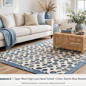 May include: A rectangular area rug featuring a denim blue and cream high-low pattern of interlocking circles. The rug measures 5x8 ft and is made of hand-tufted wool. The text on the image reads: Pattern: Signature C, Type: Wool High-Low Hand Tufted, Color: Denim Blue Abrash, Size: 5x8 ft.