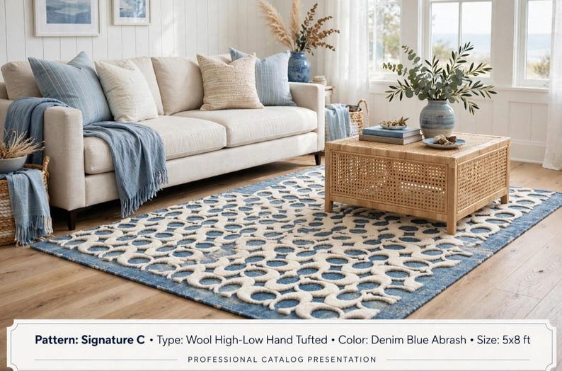 May include: A rectangular area rug featuring a denim blue and cream high-low pattern of interlocking circles. The rug measures 5x8 ft and is made of hand-tufted wool. The text on the image reads: Pattern: Signature C, Type: Wool High-Low Hand Tufted, Color: Denim Blue Abrash, Size: 5x8 ft.
