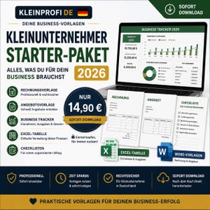 Puede incluir: Un kit de inicio digital para pequeños empresarios para 2026, que incluye un portátil con un panel de control financiero, plantillas de facturas y presupuestos, una lista de verificación e iconos de Excel y Word, con texto en alemán.