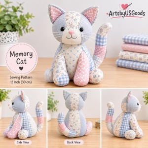 May include: A Memory Cat sewing pattern for a 12 inch stuffed animal. The cat is made of patchwork fabric in light blue, pink, and white with floral, heart, and gingham patterns. It features black eyes, a pink nose, and white whiskers.