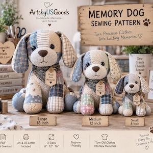 May include: Three stuffed dog toys made of patchwork fabric in blue, beige, and white patterns. Each dog wears a dark bandana with a tag reading Made from Memories. Labels indicate sizes of 40.6 cm, 30.5 cm, and 20.3 cm for the three dogs.