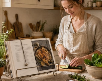 Supporto per libri di cucina in metallo vintage, elegante leggio per ricettari con catenelle per le pagine, espositore da banco per la cucina, regalo di inaugurazione per gli appassionati di cucina.