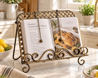 May include: A gold-toned metal cookbook stand with a lattice back and scrollwork base. Two metal chains with weighted ends hold an open cookbook featuring a recipe for Roasted Lemon Herb Chicken. The stand has a sturdy easel-style frame.