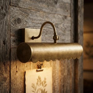 May include: A wall-mounted picture light with a brushed brass finish, featuring a cylindrical shade with a scalloped bottom edge. The fixture is attached to a square backplate by a curved arm, providing downward illumination for wall art.