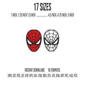 Könnte beinhalten: Eine Stickdatei mit zwei Maskensymbolen mit Webmustern. Eines ist rot mit schwarzen Linien, das andere weiß mit schwarzen Linien. Text: 17 SIZES, 1 INCH, 1.25 INCH, 1.5 INCH, 4.5 INCH, 4.75 INCH, 5 INCH, INSTANT DOWNLAND, 16 FORMATS, EMB, DST, PES, JEF, EXP, VP3, XXX, CND, BRO, STX, JPX, SEW, ART, PEC, HUS, PCS.
