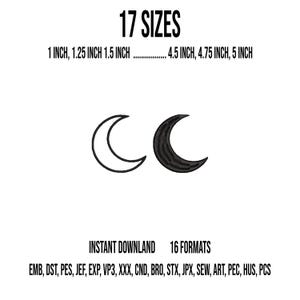 May include: Digital embroidery design featuring two crescent moon icons, one outlined and one solid black. Text includes 17 SIZES, 1 INCH, 1.25 INCH, 1.5 INCH, 4.5 INCH, 4.75 INCH, 5 INCH, INSTANT DOWNLAND, and 16 FORMATS: EMB, DST, PES, JEF, EXP, VP3, XXX, CND, BRO, STX, JPX, SEW, ART, PEC, HUS, PCS.