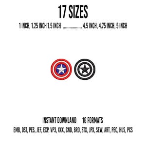 Puede incluir: Dos diseños de bordado circulares con un emblema de estrella. Uno es rojo, blanco y azul, mientras que el otro es negro y blanco. El texto incluye 17 SIZES, 1 INCH, 1.25 INCH, 1.5 INCH, 4.5 INCH, 4.75 INCH, 5 INCH, INSTANT DOWNLAND, 16 FORMATS, EMB, DST, PES, JEF, EXP, VP3, XXX, CND, BRO, STX, JPX, SEW, ART, PEC, HUS, PCS.