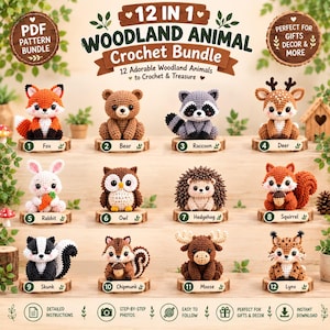 Peut inclure: Un ensemble de 12 modèles de crochet d'animaux des bois comprenant 12 animaux en peluche distincts, dont un renard, un ours, un raton laveur, un cerf, un lapin, un hibou, un hérisson, un écureuil, une mouffette, un tamia, un élan et un lynx.