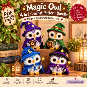 Pode incluir: Quatro figuras amigurumi de coruja em crochê com chapéus de mago e capas, cada uma segurando um pequeno livro e uma varinha de estrela. O texto diz Magic Owl 4 in 1 Crochet Pattern Bundle, Magical Amigurumi Collection e Mellow StitchCrafts.