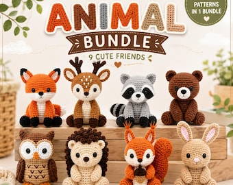 May include: A digital graphic featuring the text CROCHET ANIMAL BUNDLE 9 CUTE FRIENDS and 9 PATTERNS IN 1 BUNDLE. Below the text are eight crocheted stuffed animals including a fox, deer, raccoon, bear, owl, hedgehog, squirrel, and rabbit.