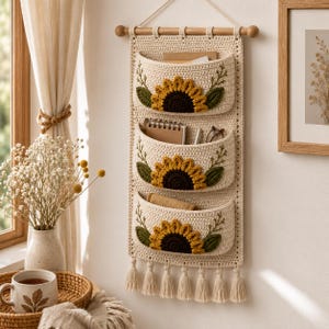May include: A cream-colored crochet wall hanging organizer featuring three deep pockets, each decorated with a dark brown and yellow sunflower motif and green leaves. The organizer hangs from a wooden dowel and ends with six small tassels.