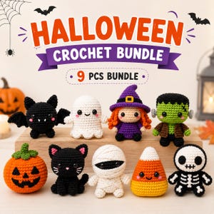 May include: A 9-piece Halloween crochet bundle featuring small, handmade plush figures including a black bat, white ghost, witch, Frankenstein monster, orange pumpkin, black cat, mummy, candy corn, and a skeleton on a wooden display stand.