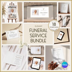 May include: A collection of 18 funeral service templates featuring white paper designs with gold borders, including a welcome sign, thank you card, order of service, and digital displays, all showcasing the name Olivia Wilson and a dove graphic.