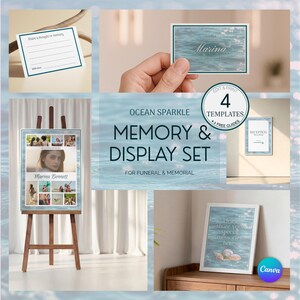Può includere: Un set di memoria ed esposizione per funerali e cerimonie commemorative con quattro modelli a tema oceano. Il set include un poster collage di foto su cavalletto, un cartello di ricevimento, una scheda di memoria e un cartello incorniciato.