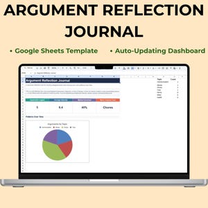 May include: A laptop screen displaying an Argument Reflection Journal Google Sheets template with an auto-updating dashboard. The interface shows metrics for arguments logged, average intensity, resolution percentage, and a pie chart of topics.