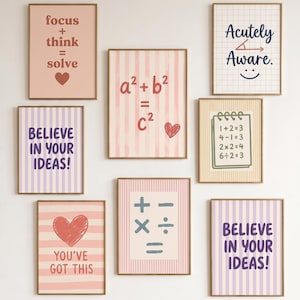 Matematikposters med 16 st, funky typografisk väggkonst, matteordvitsar, klassrums-/studentdekor, trendig tavelvägg (digital nedladdning)
