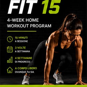 Può includere: Una guida fitness digitale intitolata FIT 15 4-WEEK HOME WORKOUT PROGRAM. La grafica mostra una persona in abbigliamento sportivo nero in posizione di affondo basso. Il testo include 15 MINUTI A SESSIONE, 3 VOLTE A SETTIMANA, 4 SETTIMANE DI PROGRESSI e A CORPO LIBERO OVUNQUE TU SIA.
