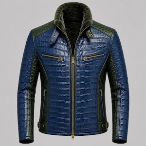 May include: A blue and dark green jacket with a textured crocodile skin pattern. The jacket features a high collar with a dark green faux fur lining, a central gold-tone zip, two chest pockets with gold zips, and two lower side pockets.
