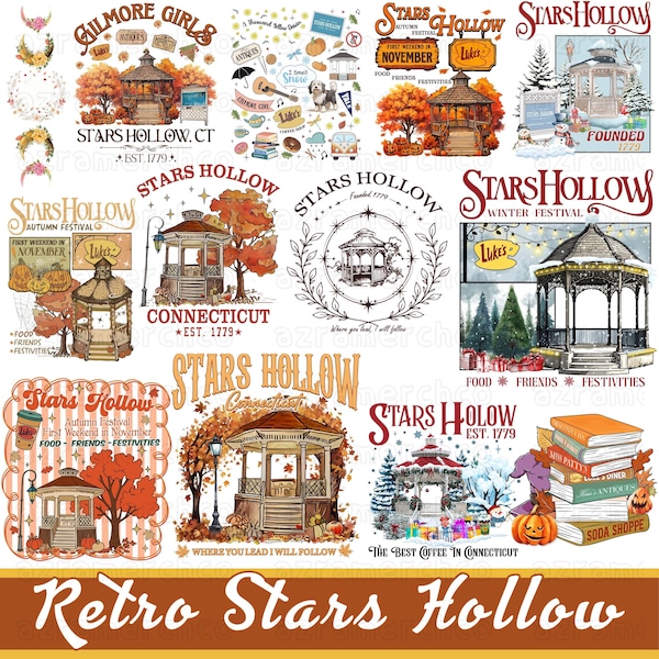 Gilmore Girls PNG-Bundle, Retro Stars Hollow PNG, Luke’s Diner Herbstdesigns, Where You Lead I Will Follow PNG