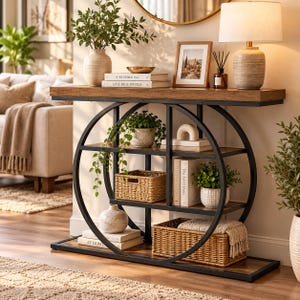 May include: A console table with a rectangular wood-grain top and a black metal frame featuring a large circular design. The unit includes two interior shelves holding woven baskets, books, potted plants, and a small ceramic arch sculpture.