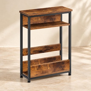 May include: A narrow side table featuring a black metal frame and three horizontal shelves with a rustic brown wood grain finish. The unit has a rectangular top surface, a middle shelf, and a lower storage compartment with a solid back panel.