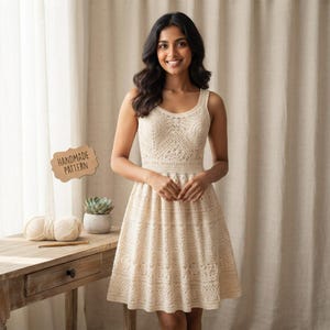 Könnte beinhalten: Ein ärmelloses, cremefarbenes Kleid mit einem komplizierten Häkelmuster, einem figurbetonten Oberteil und einem ausgestellten Rock. Ein Holzschild mit dem Text HANDMADE PATTERN ist sichtbar, sowie ein Wollknäuel und eine kleine Sukkulente.