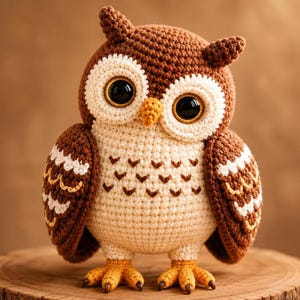May include: A crocheted owl figurine featuring a brown and cream yarn body with large black plastic eyes. The owl has a small yellow beak, textured wings with white and yellow accents, and orange feet with dark brown claws on a round base.