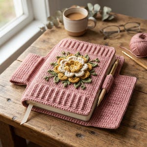 May include: A dusty pink crocheted book cover featuring a central three-dimensional floral applique in shades of yellow, cream, and green. The cover includes a built-in pen loop holding a gold-toned pen and a matching pink ribbon bookmark.