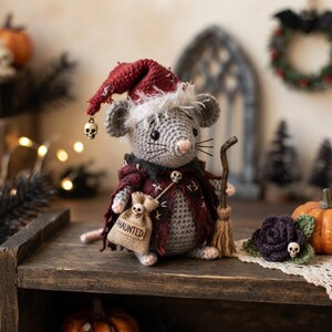 Crochet Spooky Mouse and Witch Broom Pattern PDF, Amigurumi Gothic Halloween Rodent