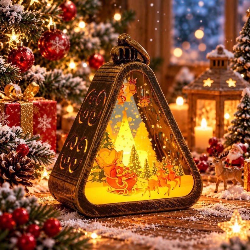 Light up Christmas Lantern, Santa Sleigh Snow Globe Decoration, Vintage ...