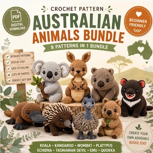 May include: A digital crochet pattern bundle featuring eight Australian animals including a koala, kangaroo with joey, wombat, platypus, echidna, emu, quokka, and Tasmanian devil. The text reads Crochet Pattern Australian Animals Bundle 8 Patterns In 1 Bundle.