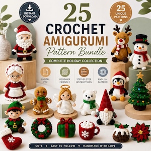 May include: A digital download bundle featuring 25 crochet amigurumi patterns for holiday figures including Santa, Mrs. Claus, a reindeer, snowman, elf, gingerbread person, angel, polar bear, gnome, Christmas tree, wreath, gift, and cocoa mug.