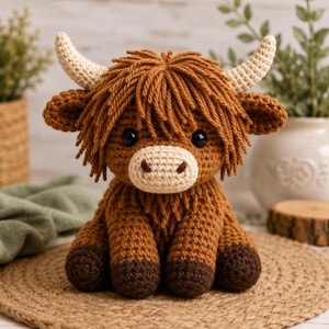 May include: A brown crocheted highland cow plush toy featuring a shaggy yarn mane, two cream-coloured horns, and dark brown hooves. The cow has a light cream-coloured muzzle, two small ears, and round black eyes, sitting in an upright position.