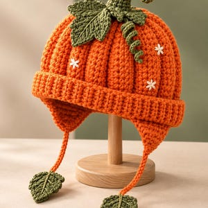 May include: A bright orange crocheted beanie shaped like a pumpkin, featuring a ribbed texture, a green crocheted stem, a leaf, and a curly vine on top. The hat has ear flaps with long braided ties ending in small green crocheted leaves.