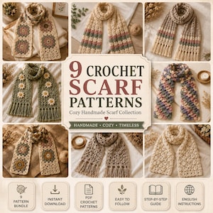 Pode incluir: Uma coleção de nove padrões de cachecóis de crochê com vários designs, incluindo motivos florais, texturas listradas e detalhes de franjas. O texto central diz 9 CROCHET SCARF PATTERNS, Cozy Handmade Scarf Collection, HANDMADE, COZY, TIMELESS.