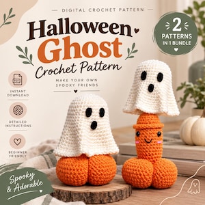 Könnte beinhalten: Eine digitale Häkelanleitung für Halloween-Geister mit zwei gehäkelten Figuren: ein Geist auf einer orangefarbenen Kürbisbasis und ein weiterer Geist auf einer orangefarbenen Kürbisfigur mit lächelndem Gesicht.
