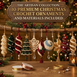 May include: Ten crochet Christmas ornaments hanging from a branch, including spiral, tree, snowflake, and ball shapes in red, green, white, and blue. A sign reads THE ARTISAN COLLECTION: 10 PREMIUM CHRISTMAS CROCHET ORNAMENTS AND MATERIALS INCLUDED.