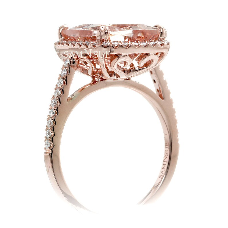 Morganite Ring Large Cushion Diamond Halo and Band Engagement Setting Rose Gold 12x10 Peachy Pink Fine Genuine Gemstone image 2