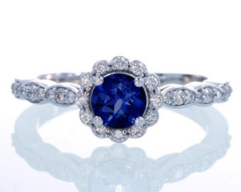 Sapphire Diamond Flower Halo Engagement Wedding Anniversary Ring