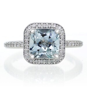 14K White Gold Cushion Cut Aquamarine Diamond Halo Engagement Ring