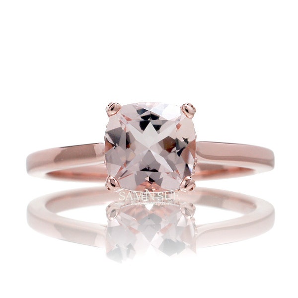 Solitaire Morganite Ring Diamond Under Basket Engagement Setting Cushion Cut Rose or White Gold Peachy Pink Genuine Gemstones