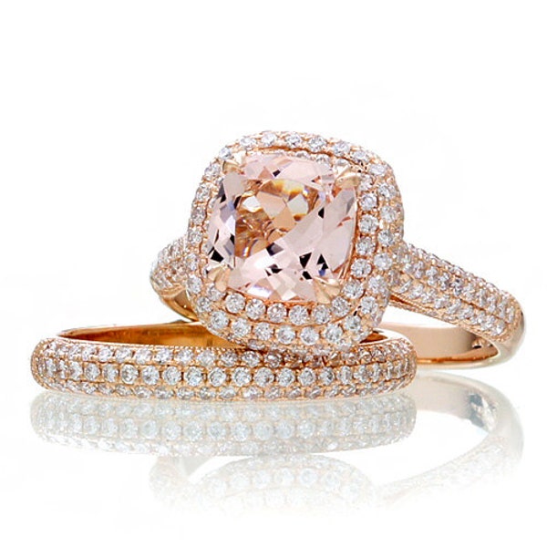 18 Karat Rose Gold Cushion Cut Pave Diamond Filigree Halo Morganite Engagement Ring Bridal Set with Matching Band