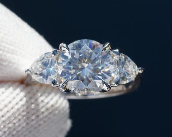 Round Brilliant Cut Moissanite Engagement Ring Three Stone Trillion Cut 14k White Gold (8mm)